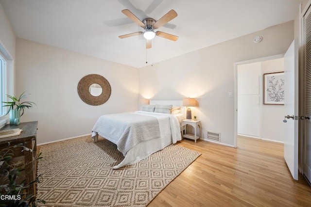 bedroom featuring ceiling fan and light wood-type flooring