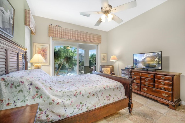 bedroom with ceiling fan and access to outside