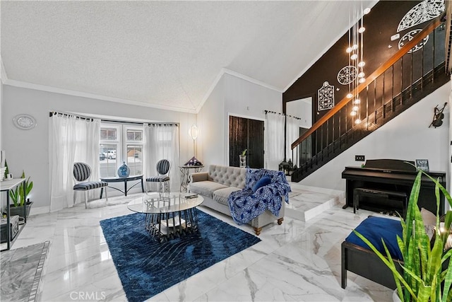 living room featuring a chandelier, a textured ceiling, high vaulted ceiling, and crown molding