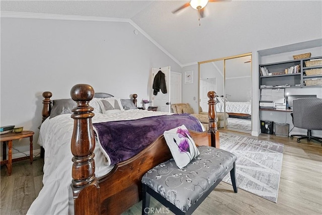 2052 Thomas Pl, West Covina, CA 91792 - bedroom featuring an office area, wood finished floors, ornamental molding, vaulted ceiling, and a closet
