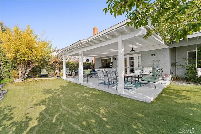2052 Thomas Pl, West Covina, CA 91792 - back of house featuring french doors, a chimney, stucco siding, a yard, and a patio area