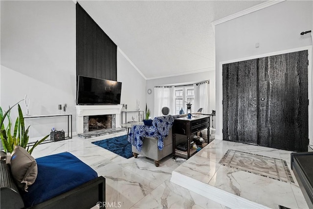 2052 Thomas Pl, West Covina, CA 91792 - living room with marble tiled flooring, crown molding, a fireplace with raised hearth, and high vaulted ceiling