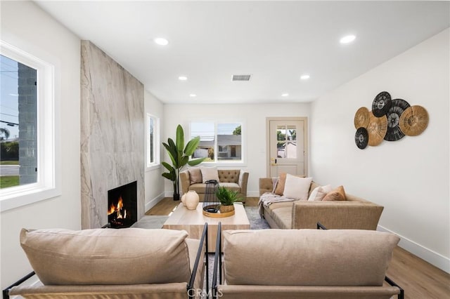 living room featuring a fireplace and light hardwood / wood-style flooring