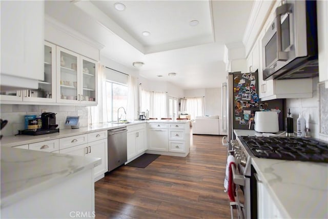 kitchen with appliances with stainless steel finishes, white cabinets, dark hardwood / wood-style flooring, light stone counters, and a tray ceiling