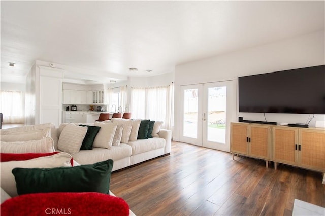 living room with dark hardwood / wood-style flooring and french doors