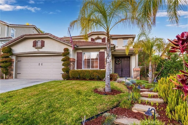 view of front of property with a garage and a front lawn