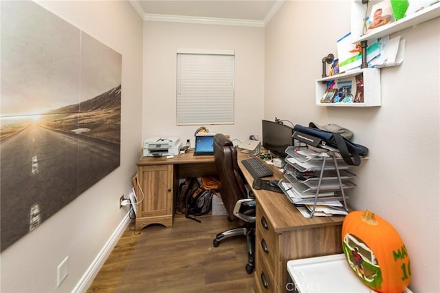 office space featuring dark hardwood / wood-style flooring and crown molding