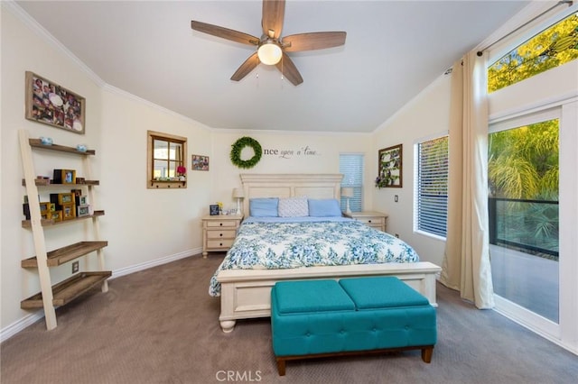 carpeted bedroom with access to exterior, ornamental molding, and ceiling fan