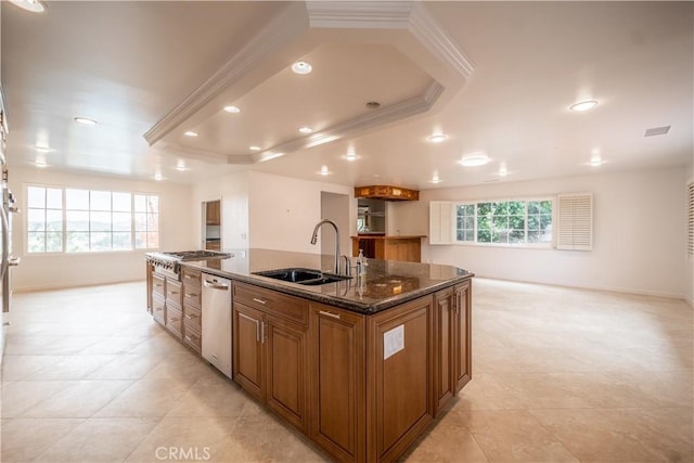 kitchen with sink, stainless steel appliances, dark stone countertops, a spacious island, and a tray ceiling