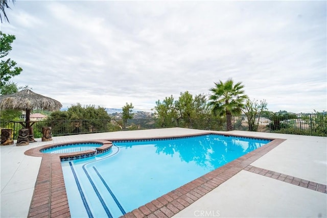 view of swimming pool featuring a patio area and an in ground hot tub