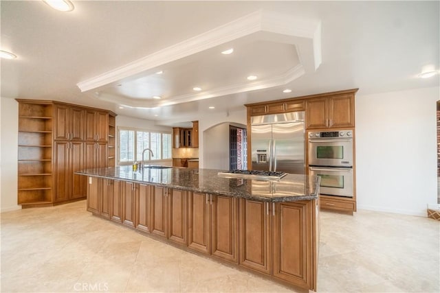 kitchen with a tray ceiling, a spacious island, dark stone countertops, and stainless steel appliances