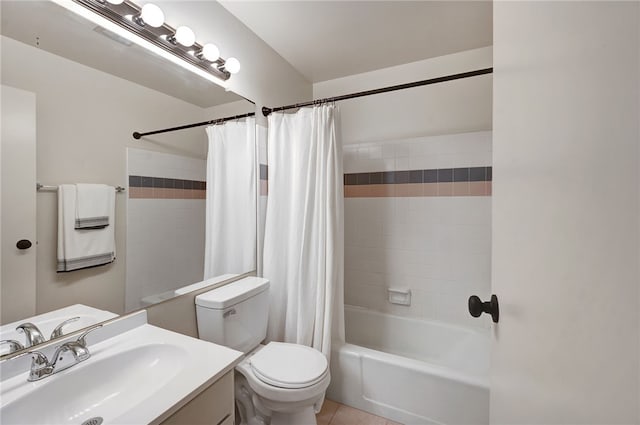 3504 Rainbow Ln, Highland, CA 92346 - full bath with shower / bath combination with curtain, vanity, and tile patterned flooring