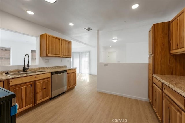 kitchen with sink, electric range, light stone counters, stainless steel dishwasher, and light wood-type flooring