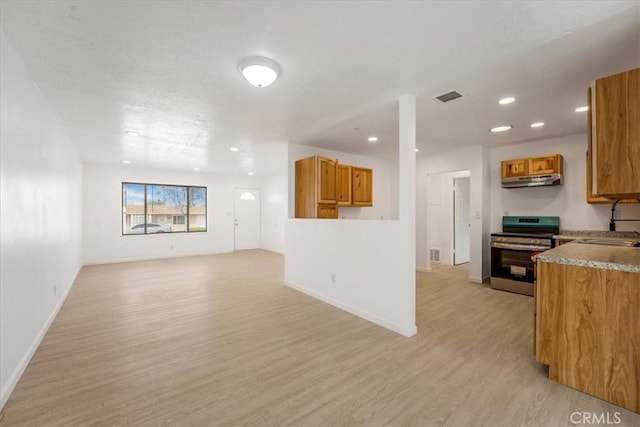 kitchen featuring sink, electric range, and light hardwood / wood-style flooring