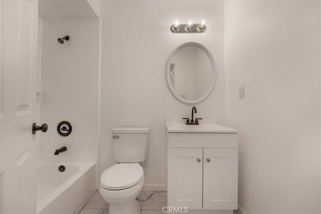 full bathroom with vanity, tiled shower / bath combo, and toilet