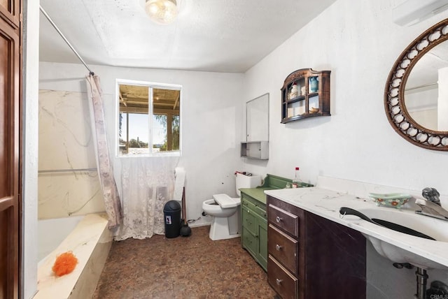 full bathroom featuring vanity, toilet, and shower / bathtub combination with curtain