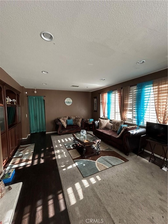 living room featuring a textured ceiling