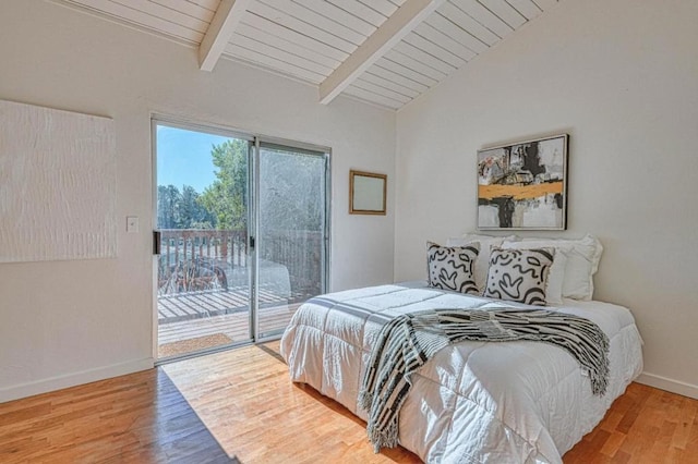 bedroom with hardwood / wood-style flooring, wooden ceiling, access to outside, and lofted ceiling with beams