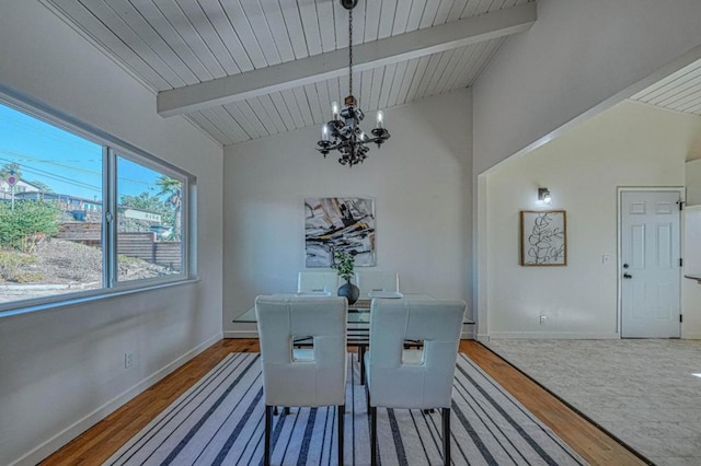 dining space with hardwood / wood-style flooring, wooden ceiling, lofted ceiling with beams, and a chandelier