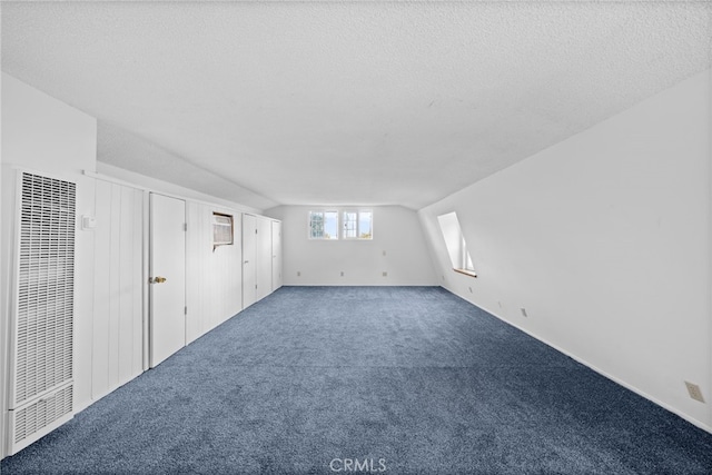 spare room featuring lofted ceiling, carpet, and a textured ceiling