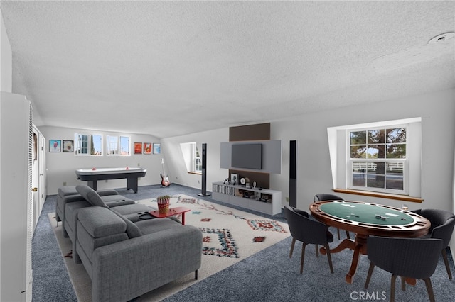 living room featuring carpet flooring and a textured ceiling