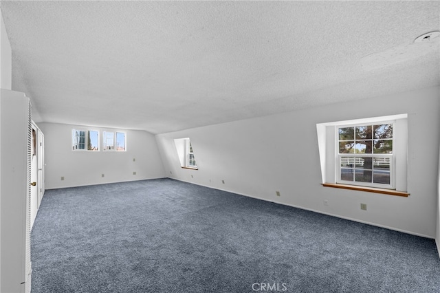 interior space with a textured ceiling, carpet floors, and vaulted ceiling