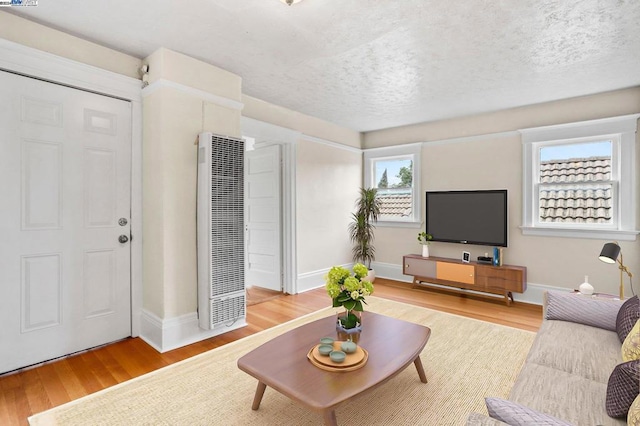 living room with light hardwood / wood-style floors and a textured ceiling