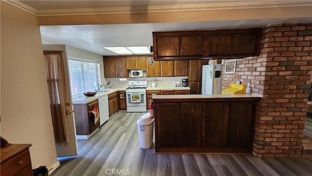 kitchen featuring white appliances, sink, hardwood / wood-style flooring, ornamental molding, and kitchen peninsula