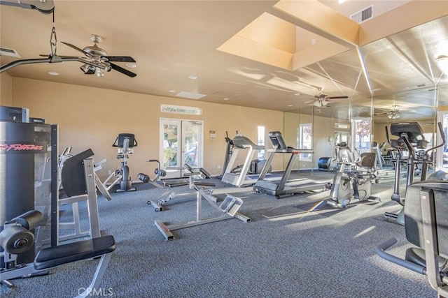 exercise room with ceiling fan and a healthy amount of sunlight