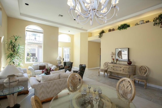 living room featuring an inviting chandelier