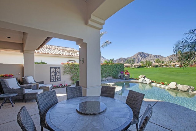 view of patio with a mountain view