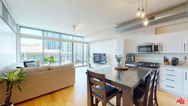 dining room featuring light hardwood / wood-style flooring and expansive windows