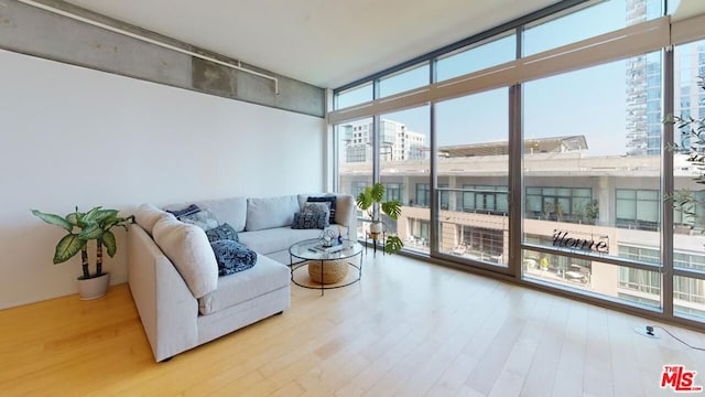 living room featuring floor to ceiling windows and hardwood / wood-style floors