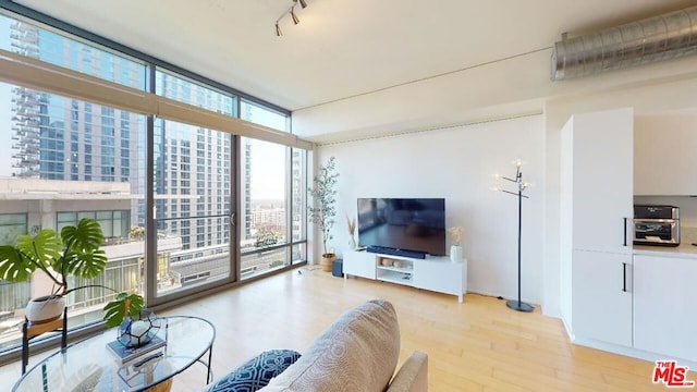 living room featuring a wall of windows and light hardwood / wood-style flooring