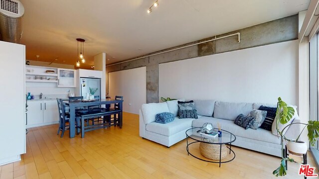 living room with light hardwood / wood-style floors and sink