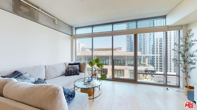 living room featuring wood-type flooring, a wall of windows, and plenty of natural light