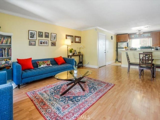 living room featuring ornamental molding and light wood-type flooring