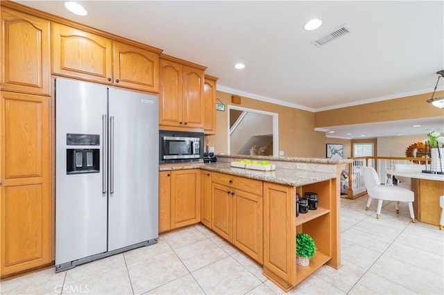 kitchen with light stone countertops, kitchen peninsula, ornamental molding, and appliances with stainless steel finishes