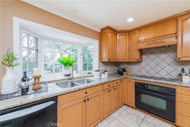 kitchen with decorative backsplash, light stone counters, sink, black appliances, and light tile patterned floors