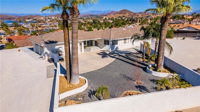 exterior space featuring a mountain view and a garage