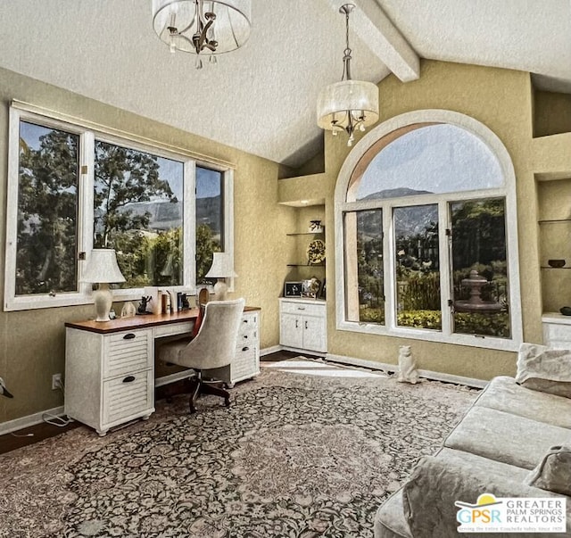 office featuring a chandelier, vaulted ceiling with beams, a textured ceiling, and built in features