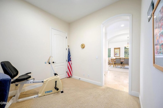 workout room featuring light carpet