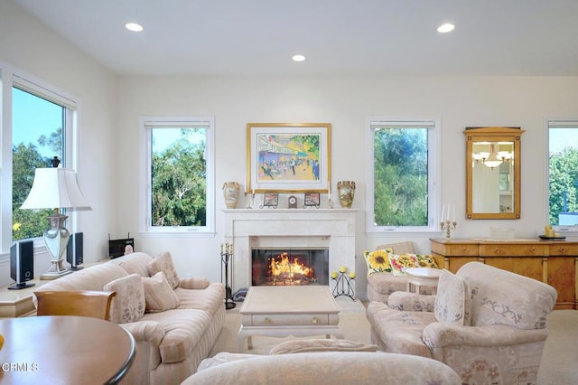 living room with a premium fireplace and plenty of natural light