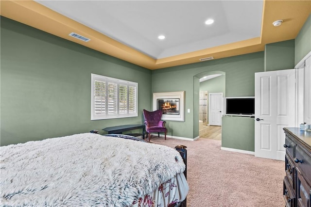 carpeted bedroom featuring a tray ceiling