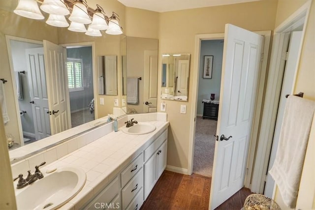 bathroom with hardwood / wood-style flooring and vanity