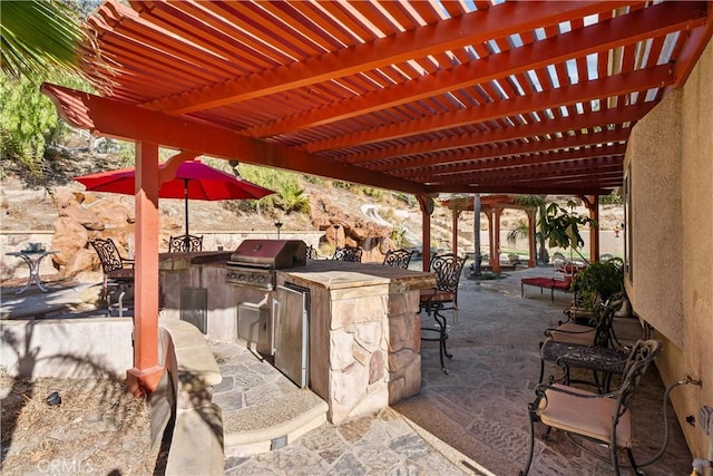 view of patio / terrace with an outdoor bar, a pergola, area for grilling, and grilling area