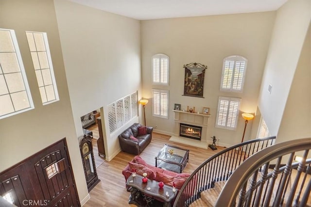 living room with a wealth of natural light, light hardwood / wood-style floors, and a high ceiling