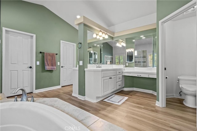 bathroom featuring vanity, toilet, wood-type flooring, and lofted ceiling