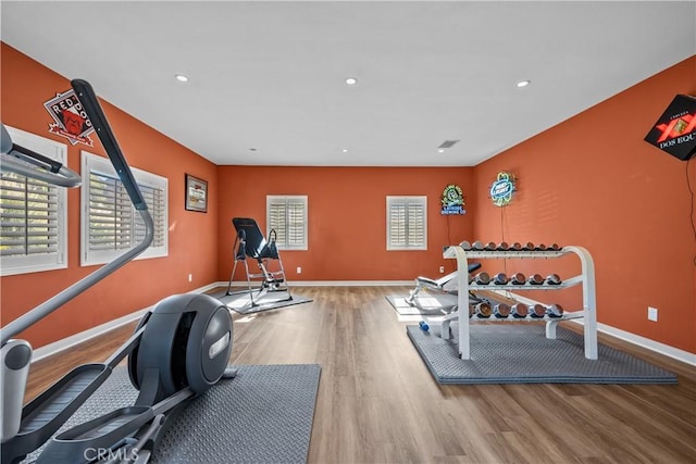 workout room with hardwood / wood-style floors and plenty of natural light