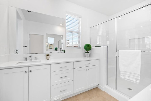 bathroom featuring vanity, tile patterned flooring, and a shower with door